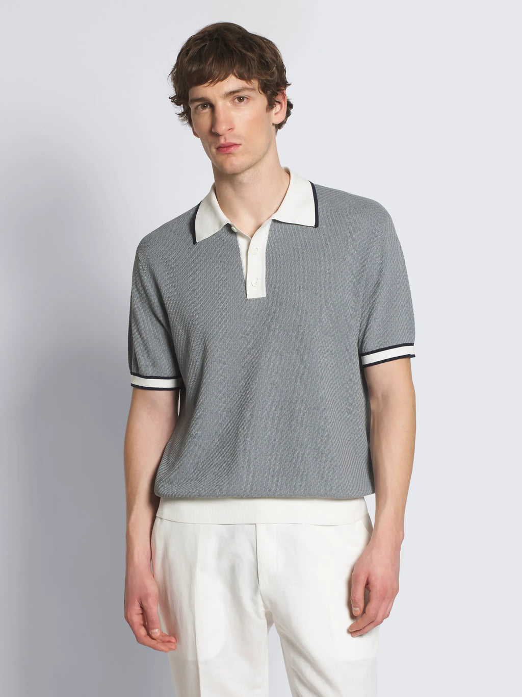 Grey linen, cotton and silk chiné polo