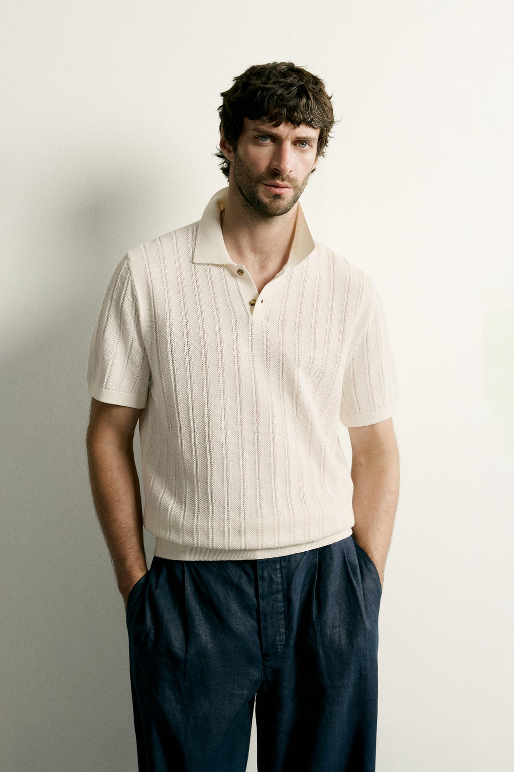OPEN-KNIT TEXTURED POLO
