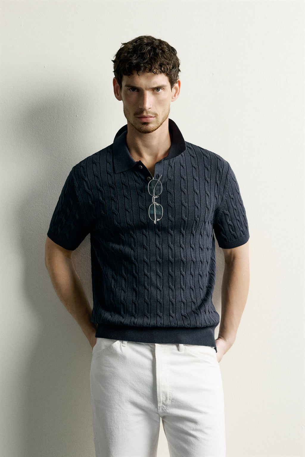 CABLE-KNIT POLO SHIRT