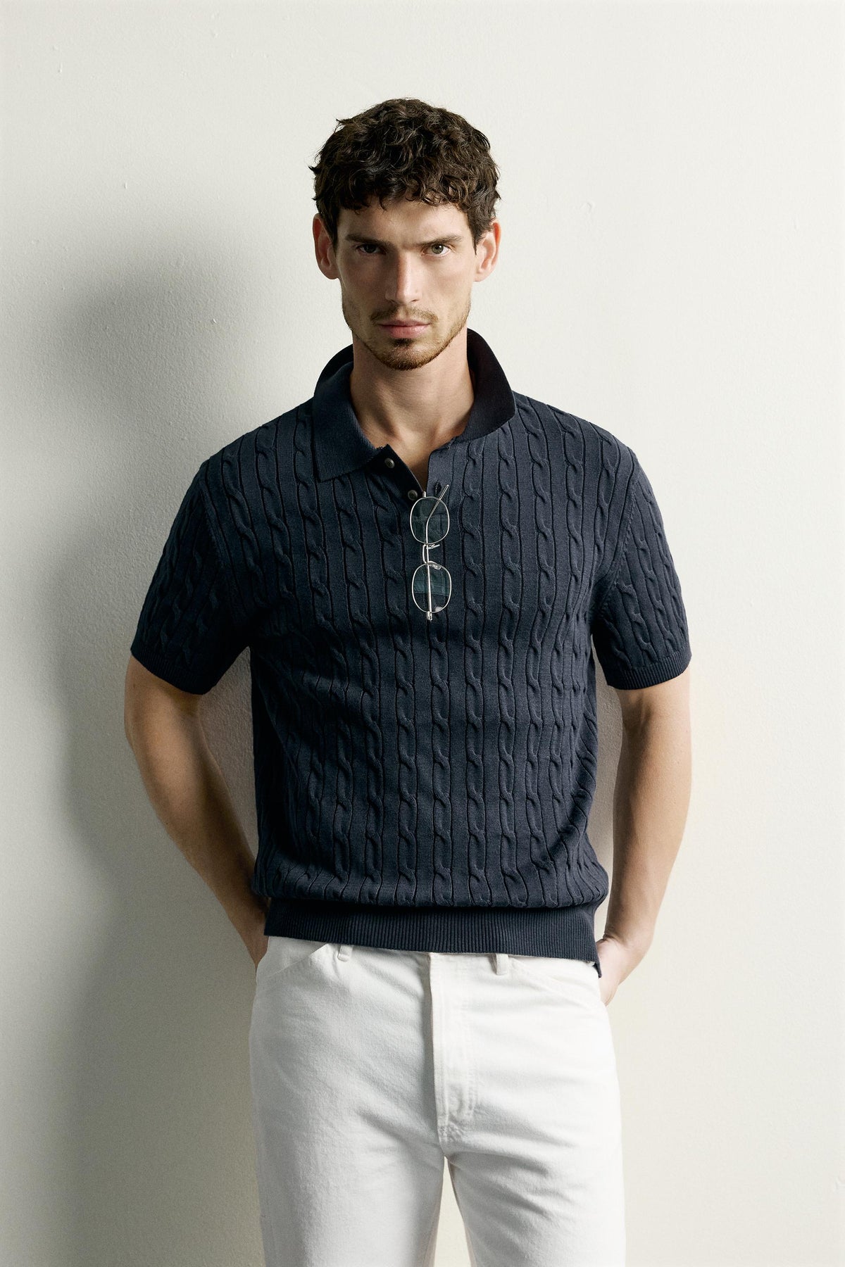 CABLE-KNIT POLO SHIRT