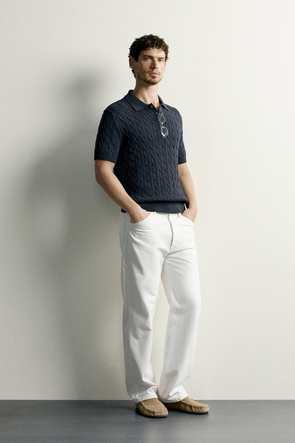 CABLE-KNIT POLO SHIRT
