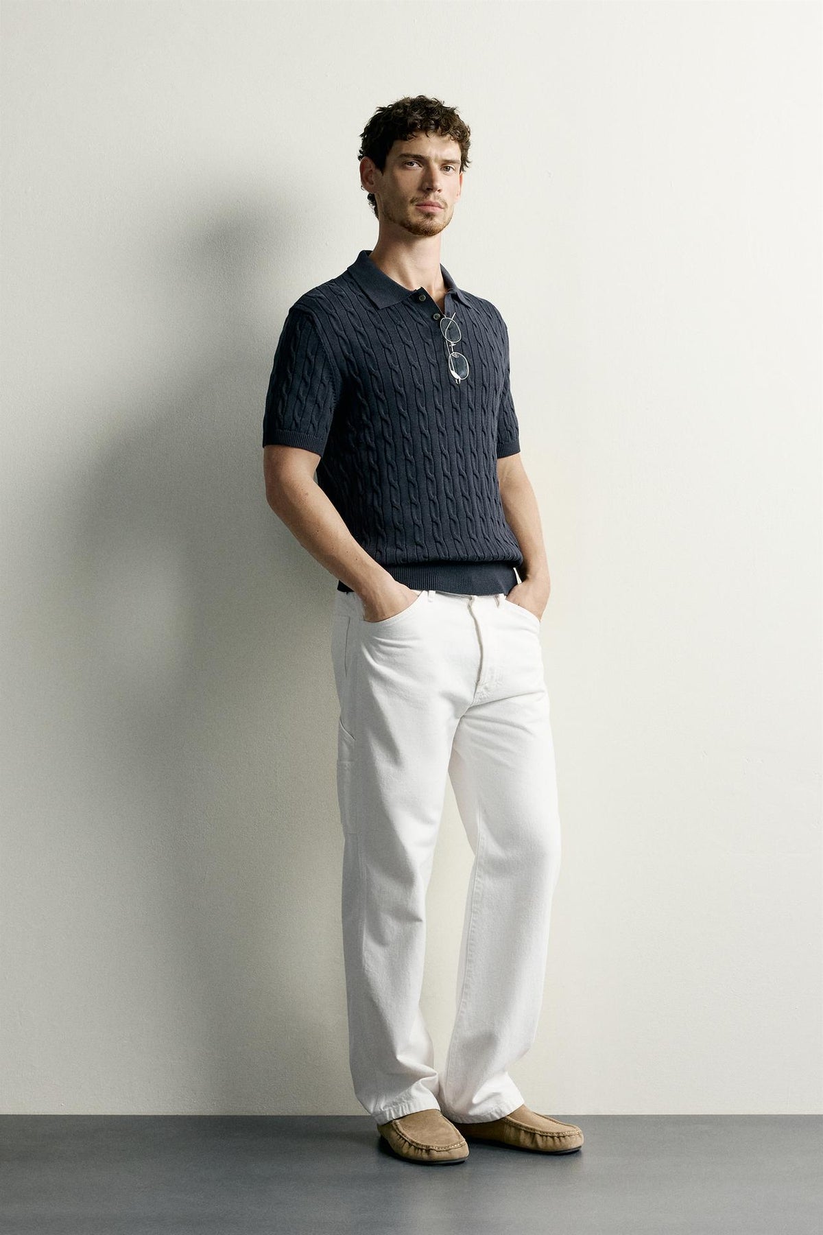 CABLE-KNIT POLO SHIRT