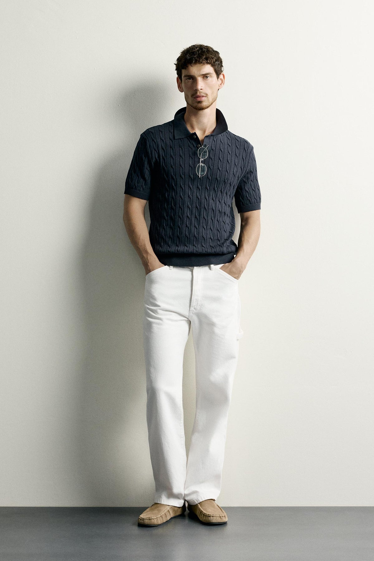 CABLE-KNIT POLO SHIRT