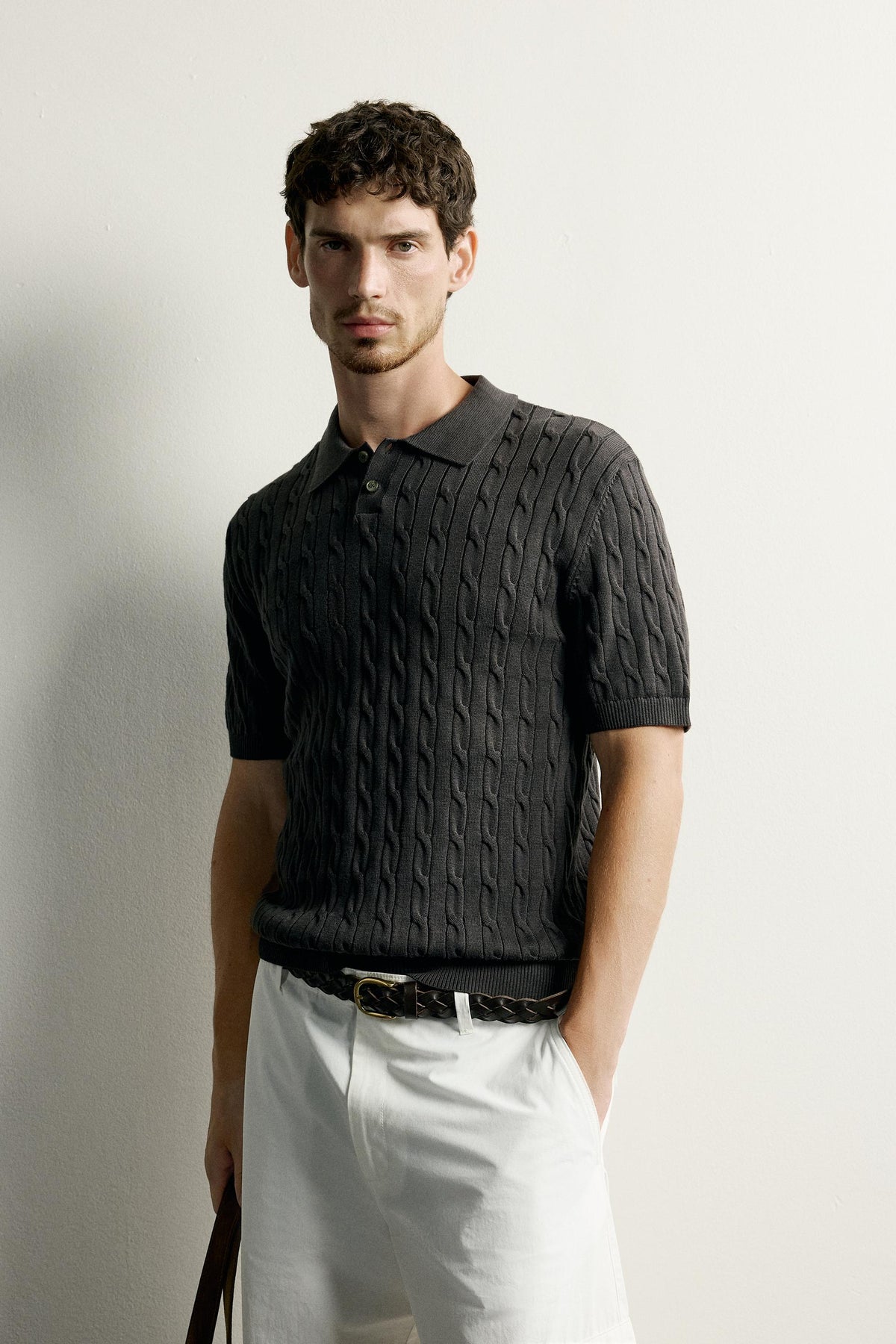 CABLE-KNIT POLO SHIRT