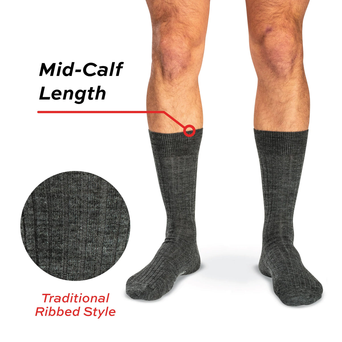 Grey Heather Merino Wool Mid Calf Dress Socks